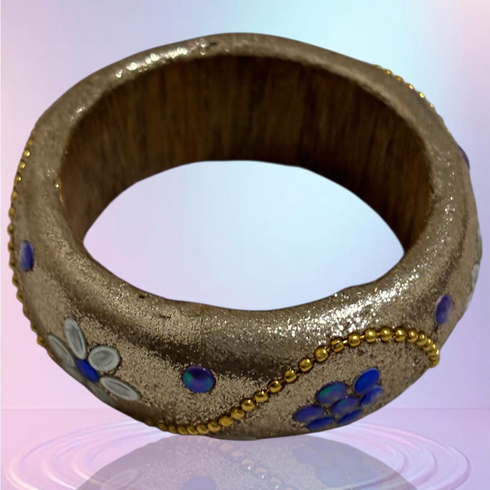 Bangle with Bead and Floral Accents Gold and Blue - Picture 9 of 11